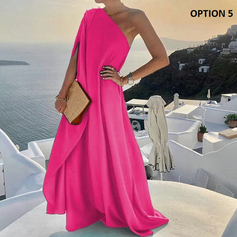 Summer Fashion Elegant One Shoulder Skew Collar Backless Irregular Loose Slit Maxi Dress CODE: KAR2368