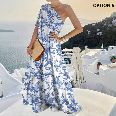 Summer Fashion Elegant One Shoulder Skew Collar Backless Irregular Loose Slit Maxi Dress CODE: KAR2368