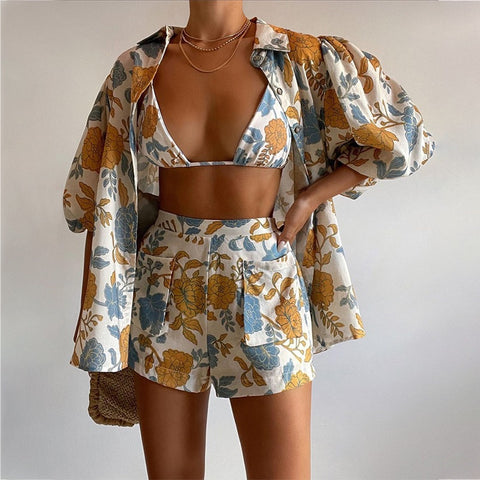 Summer Casual Fashion Printed Loose Short Sleeved Shirt With Short Three Piece Set CODE: KAR2371