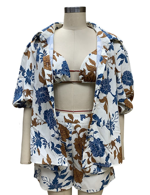 Summer Casual Fashion Printed Loose Short Sleeved Shirt With Short Three Piece Set CODE: KAR2371