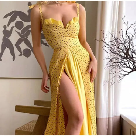 Sexy Elegant Backless Side Split High Waist Round Dot Spaghetti Straps Slim Dress CODE: KAR2372