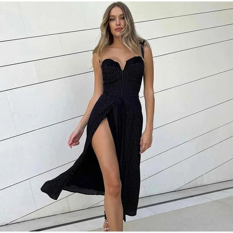 Sexy Elegant Backless Side Split High Waist Round Dot Spaghetti Straps Slim Dress CODE: KAR2372