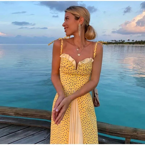Sexy Elegant Backless Side Split High Waist Round Dot Spaghetti Straps Slim Dress CODE: KAR2372