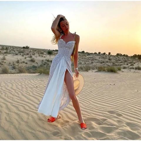 Sexy Elegant Backless Side Split High Waist Round Dot Spaghetti Straps Slim Dress CODE: KAR2372