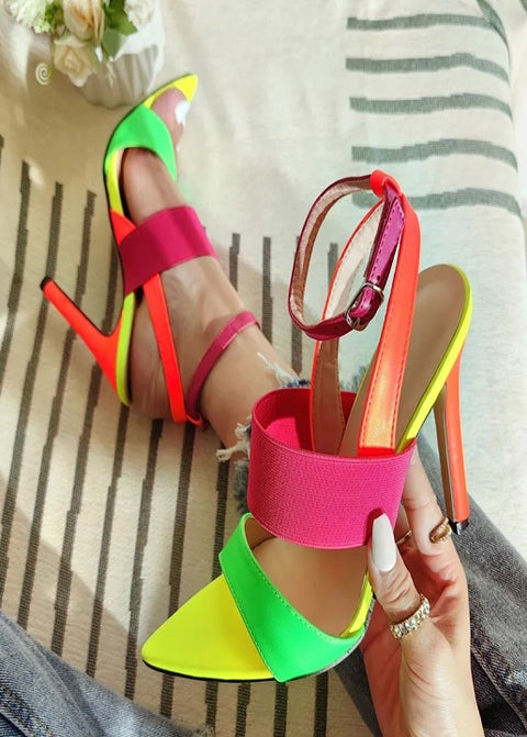 New Fashion Sexy Pointed Toe Mixed Color Ankle Strap Stripper Thin Heel Sandals CODE: KAR2375
