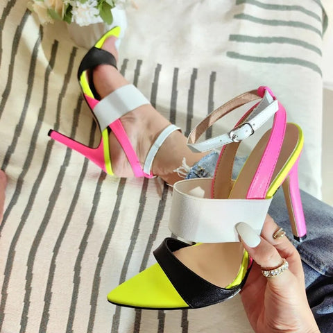 New Fashion Sexy Pointed Toe Mixed Color Ankle Strap Stripper Thin Heel Sandals CODE: KAR2375