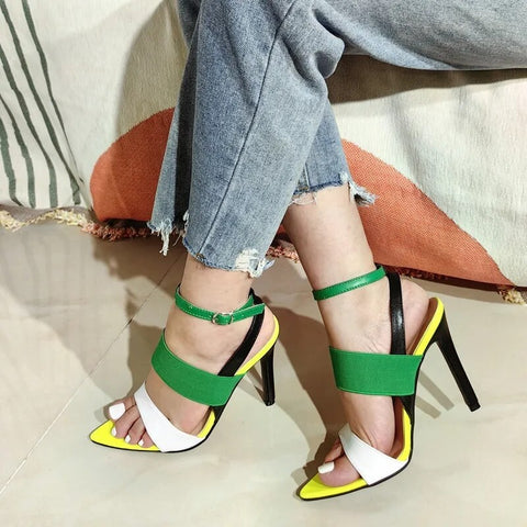 New Fashion Sexy Pointed Toe Mixed Color Ankle Strap Stripper Thin Heel Sandals CODE: KAR2375