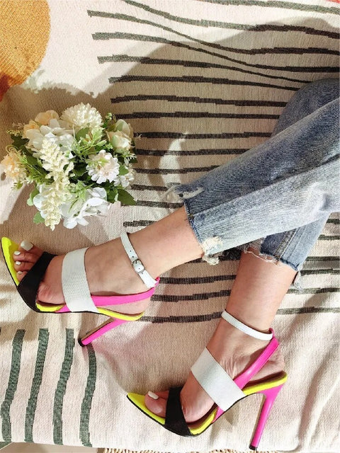 New Fashion Sexy Pointed Toe Mixed Color Ankle Strap Stripper Thin Heel Sandals CODE: KAR2375