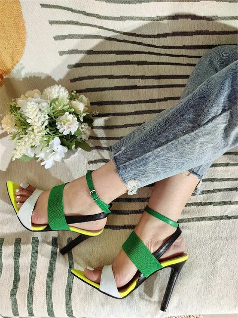 New Fashion Sexy Pointed Toe Mixed Color Ankle Strap Stripper Thin Heel Sandals CODE: KAR2375