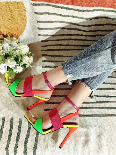 New Fashion Sexy Pointed Toe Mixed Color Ankle Strap Stripper Thin Heel Sandals CODE: KAR2375