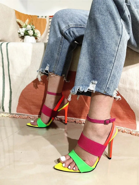 New Fashion Sexy Pointed Toe Mixed Color Ankle Strap Stripper Thin Heel Sandals CODE: KAR2375