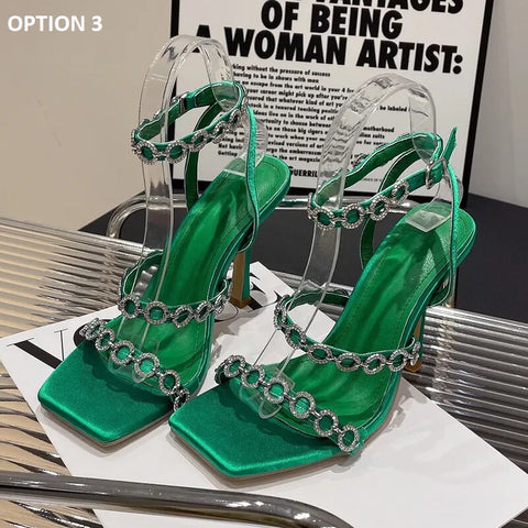 Summer Rivet Crystal Buckle Strap Square Toe High Heel Sandal CODE: KAR2377