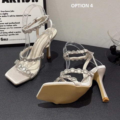 Summer Rivet Crystal Buckle Strap Square Toe High Heel Sandal CODE: KAR2377
