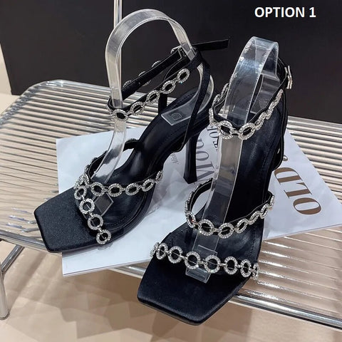 Summer Rivet Crystal Buckle Strap Square Toe High Heel Sandal CODE: KAR2377