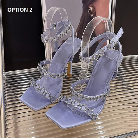 Summer Rivet Crystal Buckle Strap Square Toe High Heel Sandal CODE: KAR2377