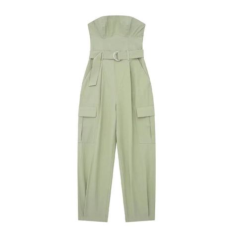 Sexy Fashion Straight Neck Side Patch Pockets With Belt Strapless Cargo Jumpsuit CODE: KAR2379