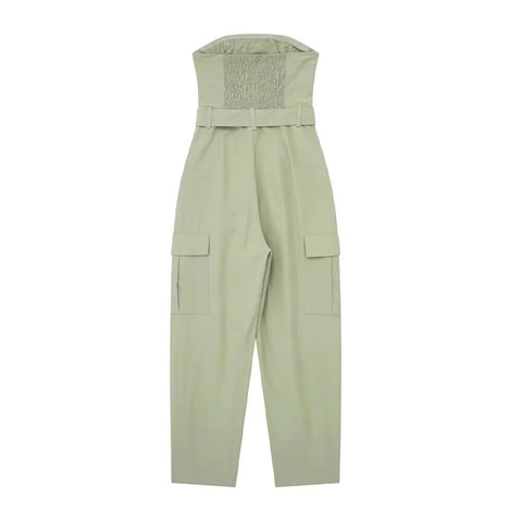 Sexy Fashion Straight Neck Side Patch Pockets With Belt Strapless Cargo Jumpsuit CODE: KAR2379