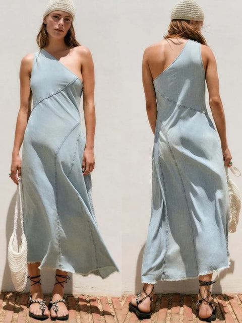 New Asymmetric Slanted Shoulder Sleeveless Slim Dress CODE: KAR2382