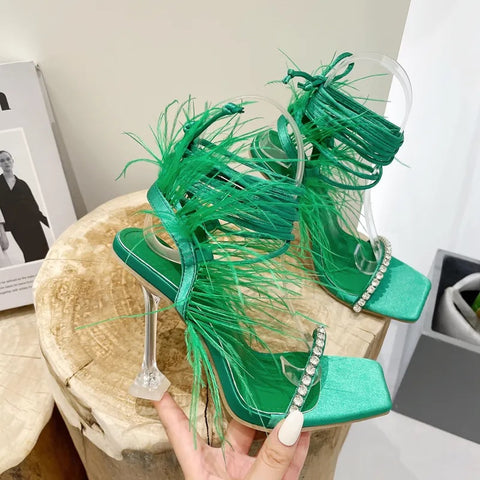 New Rhinestone Feather Lace-up Cross-Tied Sexy Gladiator Square Toe High Heel Sandal CODE: KAR2383