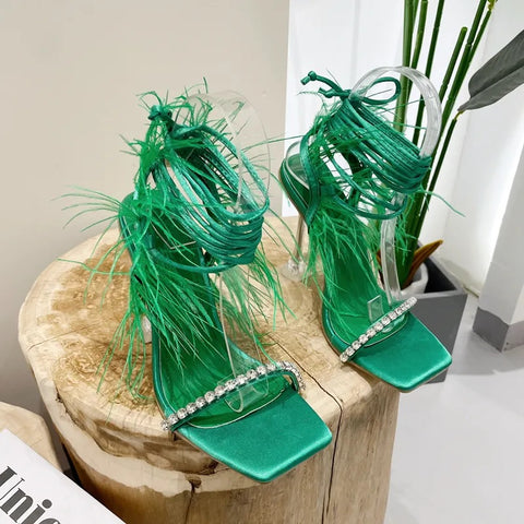 New Rhinestone Feather Lace-up Cross-Tied Sexy Gladiator Square Toe High Heel Sandal CODE: KAR2383