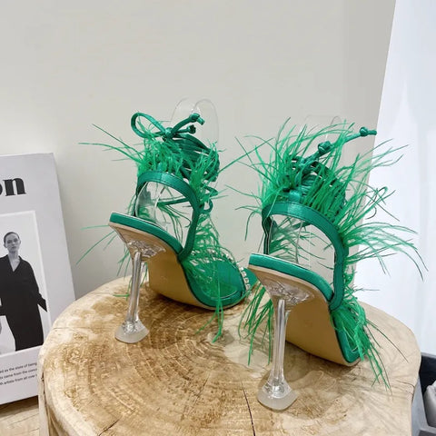 New Rhinestone Feather Lace-up Cross-Tied Sexy Gladiator Square Toe High Heel Sandal CODE: KAR2383