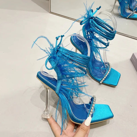 New Rhinestone Feather Lace-up Cross-Tied Sexy Gladiator Square Toe High Heel Sandal CODE: KAR2383