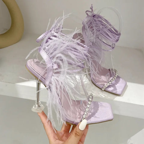 New Rhinestone Feather Lace-up Cross-Tied Sexy Gladiator Square Toe High Heel Sandal CODE: KAR2383
