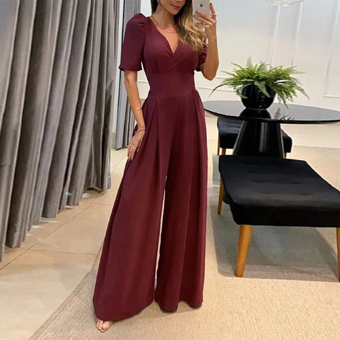 Summer Casual V Neck Short Sleeve High Waist Wide Leg Pant Lace Up Jumpsuit CODE: KAR2384