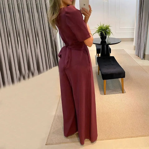 Summer Casual V Neck Short Sleeve High Waist Wide Leg Pant Lace Up Jumpsuit CODE: KAR2384