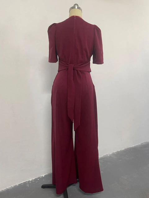Summer Casual V Neck Short Sleeve High Waist Wide Leg Pant Lace Up Jumpsuit CODE: KAR2384