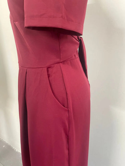 Summer Casual V Neck Short Sleeve High Waist Wide Leg Pant Lace Up Jumpsuit CODE: KAR2384