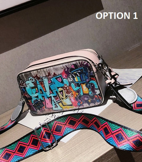 New Fashion Graffiti Print Wide Shoulder Strap Small Square Bag CODE: KAR2385