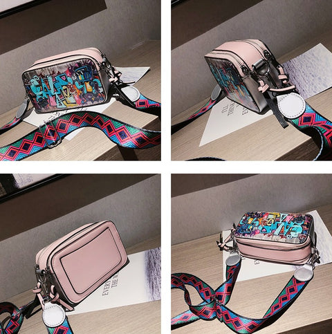 New Fashion Graffiti Print Wide Shoulder Strap Small Square Bag CODE: KAR2385