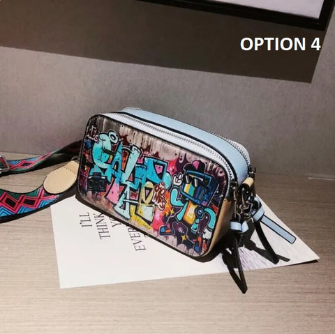 New Fashion Graffiti Print Wide Shoulder Strap Small Square Bag CODE: KAR2385