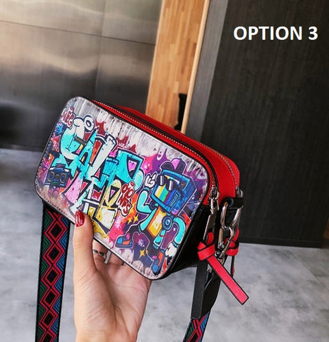 New Fashion Graffiti Print Wide Shoulder Strap Small Square Bag CODE: KAR2385