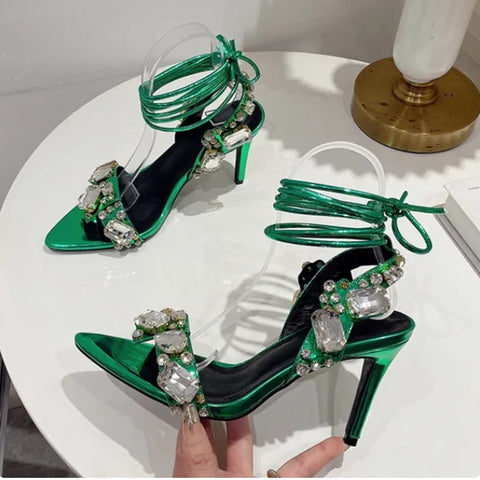 Sexy Ankle Strap Crystal Diamond Pointed Toe High Heel Sandal CODE: KAR2392