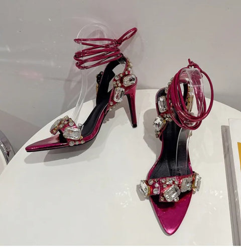 Sexy Ankle Strap Crystal Diamond Pointed Toe High Heel Sandal CODE: KAR2392