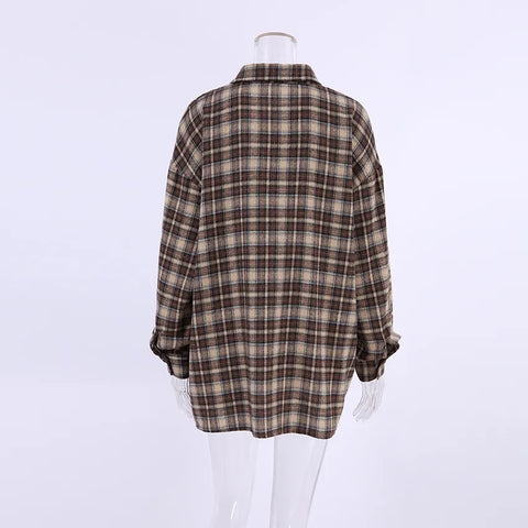 New Autumn Shacket Oversized Long Plaid Shirt CODE: KAR2394