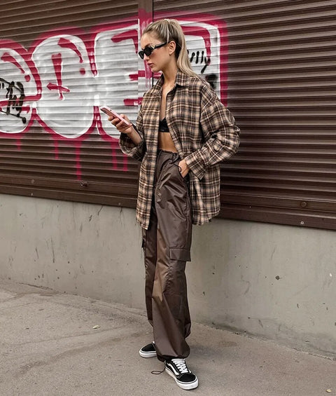 New Autumn Shacket Oversized Long Plaid Shirt CODE: KAR2394