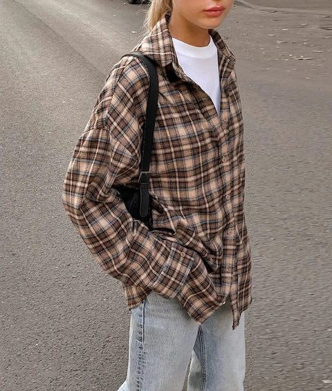 New Autumn Shacket Oversized Long Plaid Shirt CODE: KAR2394