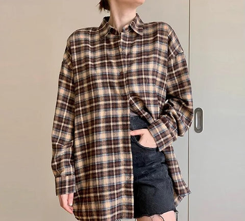 New Autumn Shacket Oversized Long Plaid Shirt CODE: KAR2394