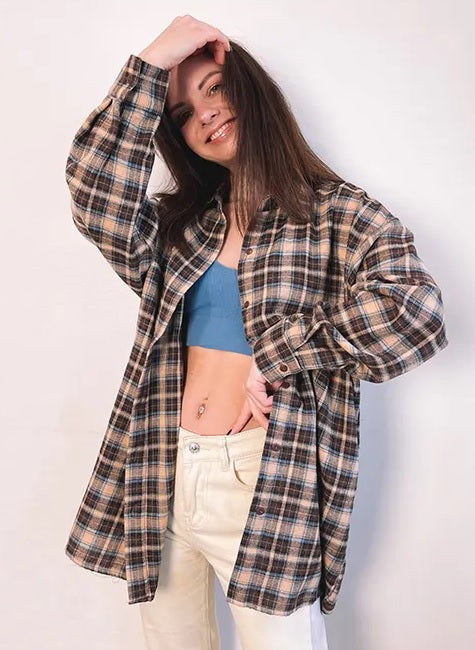 New Autumn Shacket Oversized Long Plaid Shirt CODE: KAR2394