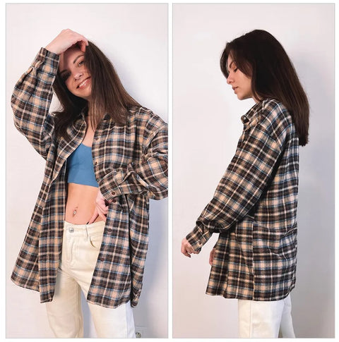 New Autumn Shacket Oversized Long Plaid Shirt CODE: KAR2394