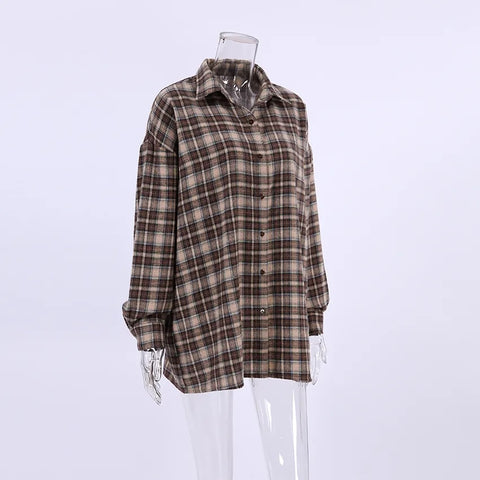 New Autumn Shacket Oversized Long Plaid Shirt CODE: KAR2394