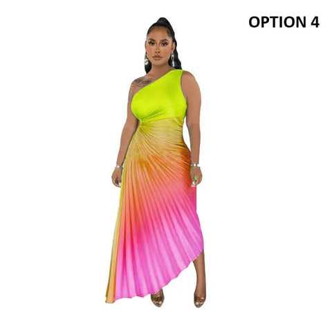 Summer Fashion Elegant Skew Neck Off Shoulder Sleeveless Gradient Printing Dress CODE: KAR2400