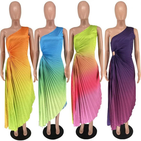 Summer Fashion Elegant Skew Neck Off Shoulder Sleeveless Gradient Printing Dress CODE: KAR2400