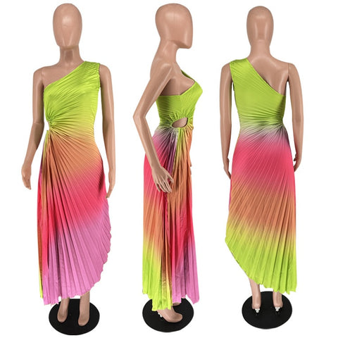 Summer Fashion Elegant Skew Neck Off Shoulder Sleeveless Gradient Printing Dress CODE: KAR2400