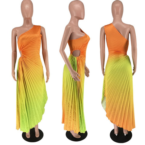 Summer Fashion Elegant Skew Neck Off Shoulder Sleeveless Gradient Printing Dress CODE: KAR2400