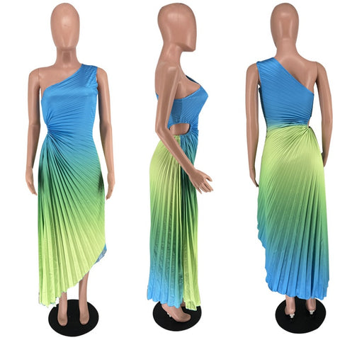 Summer Fashion Elegant Skew Neck Off Shoulder Sleeveless Gradient Printing Dress CODE: KAR2400