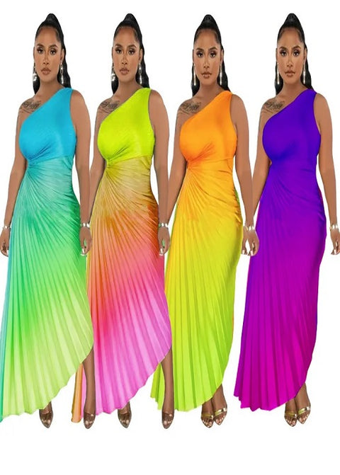 Summer Fashion Elegant Skew Neck Off Shoulder Sleeveless Gradient Printing Dress CODE: KAR2400